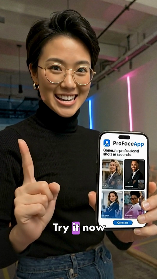 Asian woman showing ProFaceApp on her phone