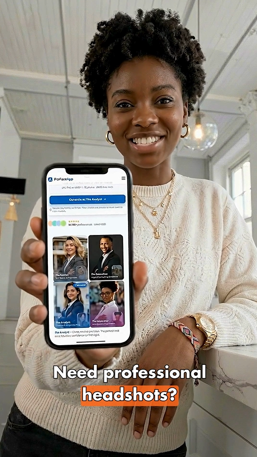 Woman showing ProFaceApp team headshots on her phone